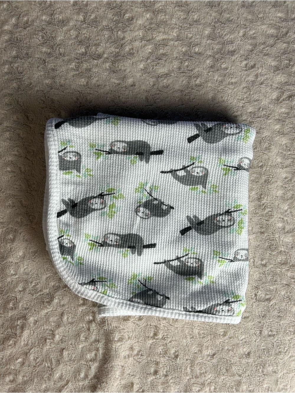 Just Born Sloth Baby Blanket Thermal Waffle Weave Cotton Gray White Tree Branch